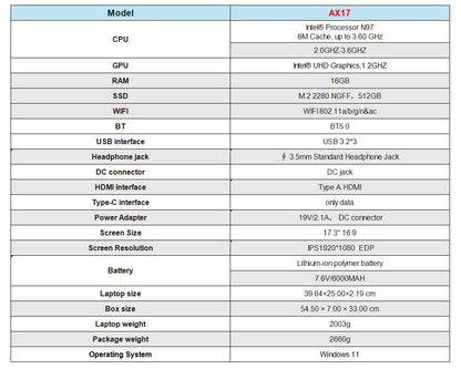 ACEMAGIC 17.3inch Laptop with High Performance Quad Core-12th Alder Lake N97 Laptop Computer Spacious Storage 16GB RAM 512GB ROM